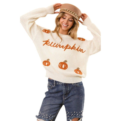 BIBI OATMEAL BEIGE PUMPKIN LETTER SWEATER IP8254J