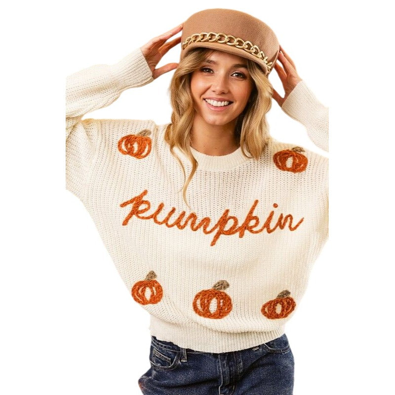 BIBI OATMEAL BEIGE PUMPKIN LETTER SWEATER IP8254J