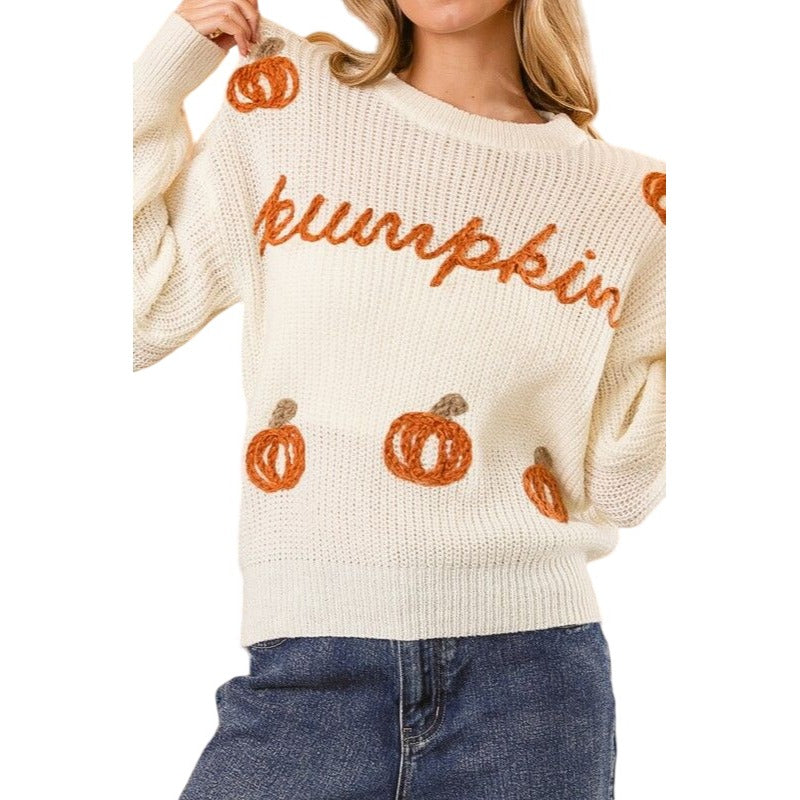 BIBI OATMEAL BEIGE PUMPKIN LETTER SWEATER IP8254J