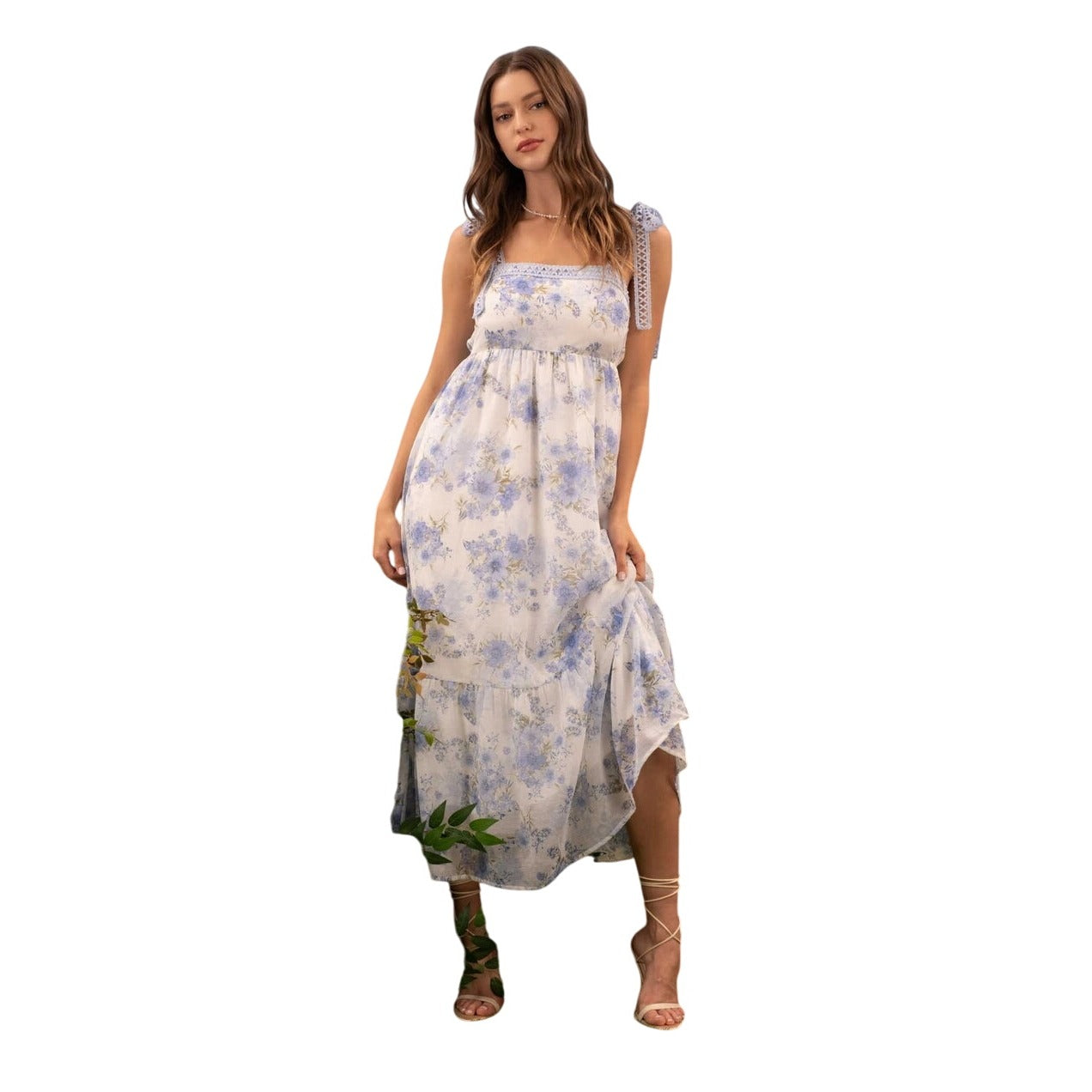 By the River Floral Crochet Lace Self Tie Maxi Dress CR2453 Blue / Large By the River Floral Crochet Lace Self Tie Maxi Dress CR2453 Blue / Large