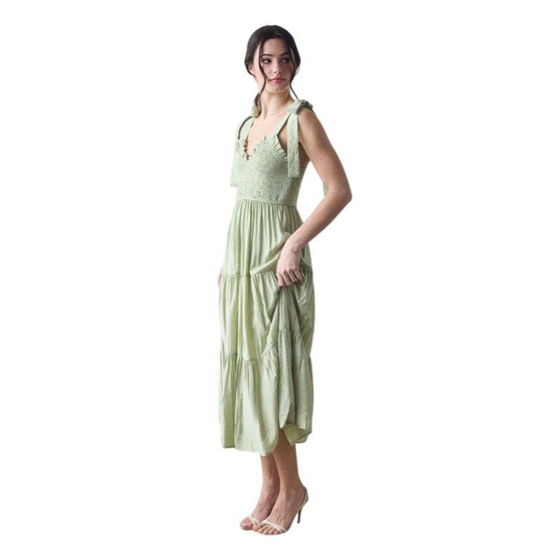 Blu Pepper Smocked Sweetheart Tiered Tie Strap Maxi Dress CR2442 Pink / Large
