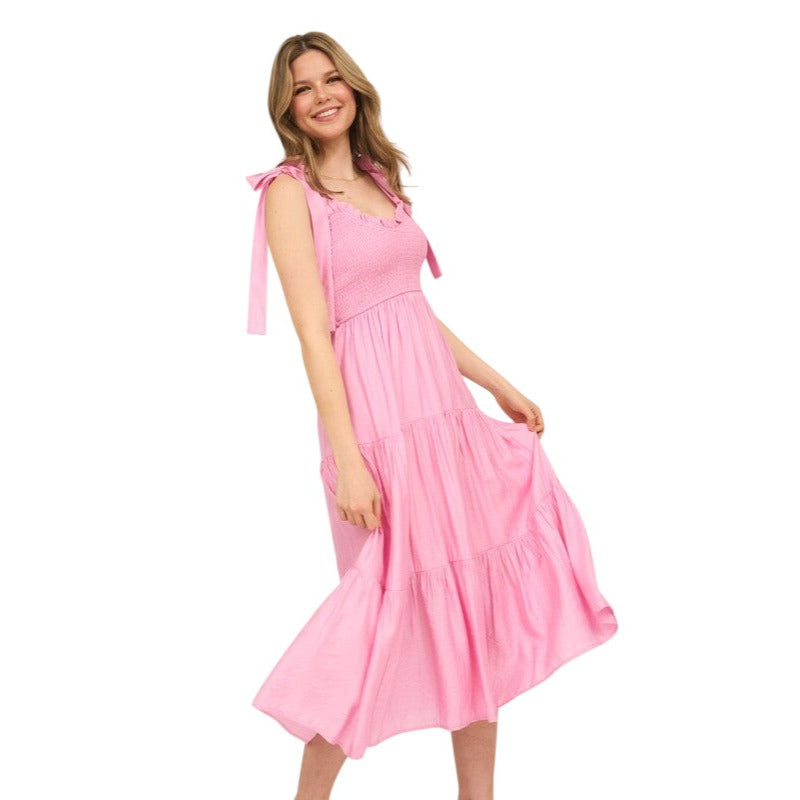 Blu Pepper Smocked Sweetheart Tiered Tie Strap Maxi Dress CR2442 Pink / Large Blu Pepper Smocked Sweetheart Tiered Tie Strap Maxi Dress CR2442 Pink / Large