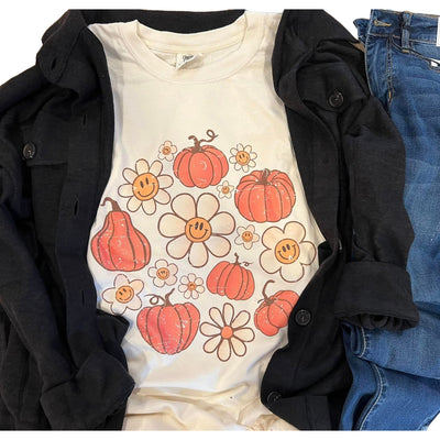 Retro Pumpkin and Flower Graphic Short Sleeve Tee In Natural