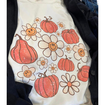 Retro Pumpkin and Flower Graphic Short Sleeve Tee In Natural