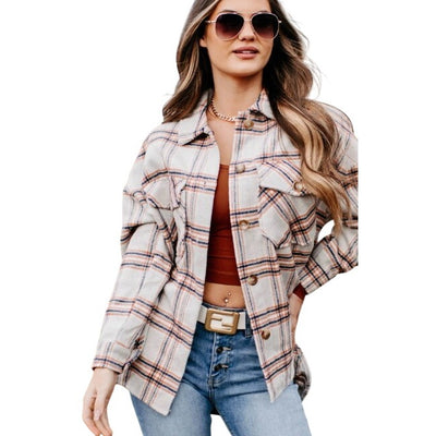 Timing Fall Vibes Beige Neutrals Plaid Print Shacket WJ8043z