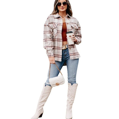 Timing Fall Vibes Beige Neutrals Plaid Print Shacket WJ8043z