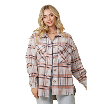 Timing Fall Vibes Beige Neutrals Plaid Print Shacket WJ8043z