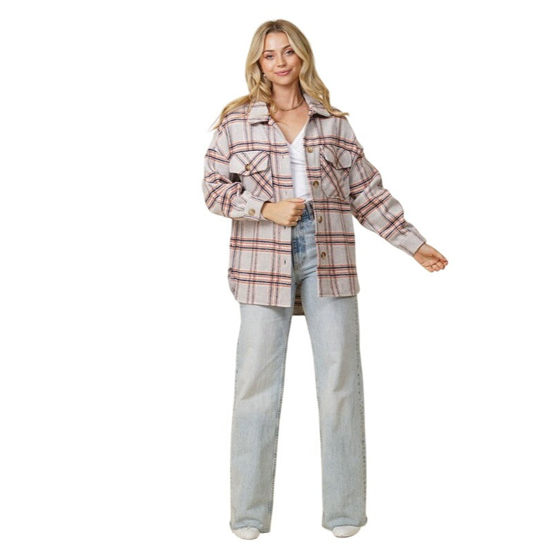 Timing Fall Vibes Beige Neutrals Plaid Print Shacket WJ8043z