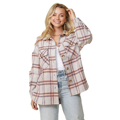 Timing Fall Vibes Beige Neutrals Plaid Print Shacket WJ8043z