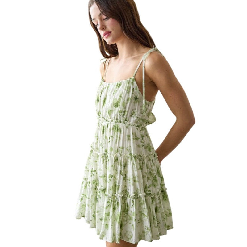 Blu Pepper Floral Spaghetti Strap Back Tie Tiered Mini Dress Green or   dalia + jade