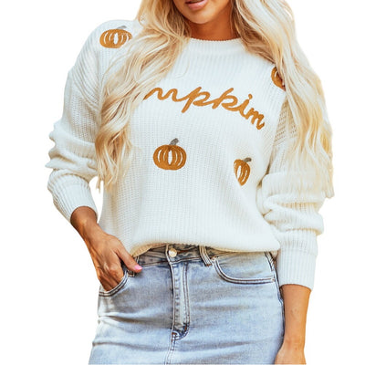 White Pumpkin Letter Long Sleeve Ribbed Sweater LC2723951