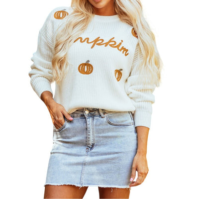 White Pumpkin Letter Long Sleeve Ribbed Sweater LC2723951