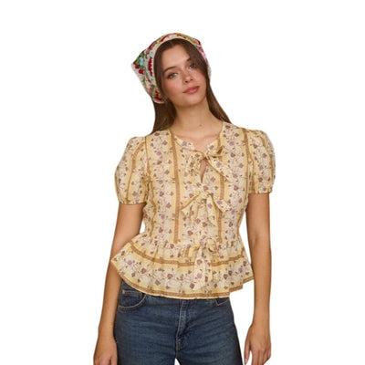 Blu Pepper Floral Stripe Pattern Front Tie Puff Sleeve Blouse B5ST1078