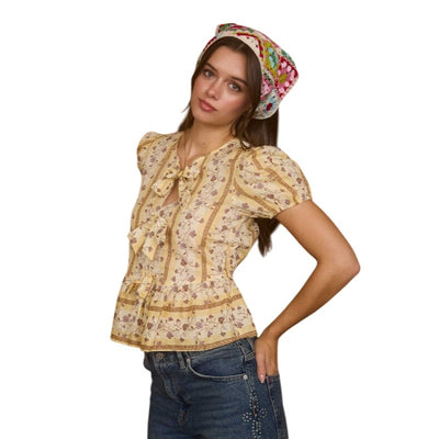 Blu Pepper Floral Stripe Pattern Front Tie Puff Sleeve Blouse B5ST1078