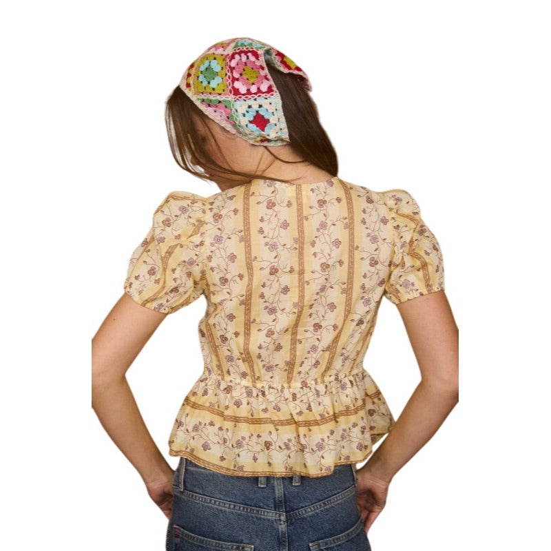 Blu Pepper Floral Stripe Pattern Front Tie Puff Sleeve Blouse B5ST1078