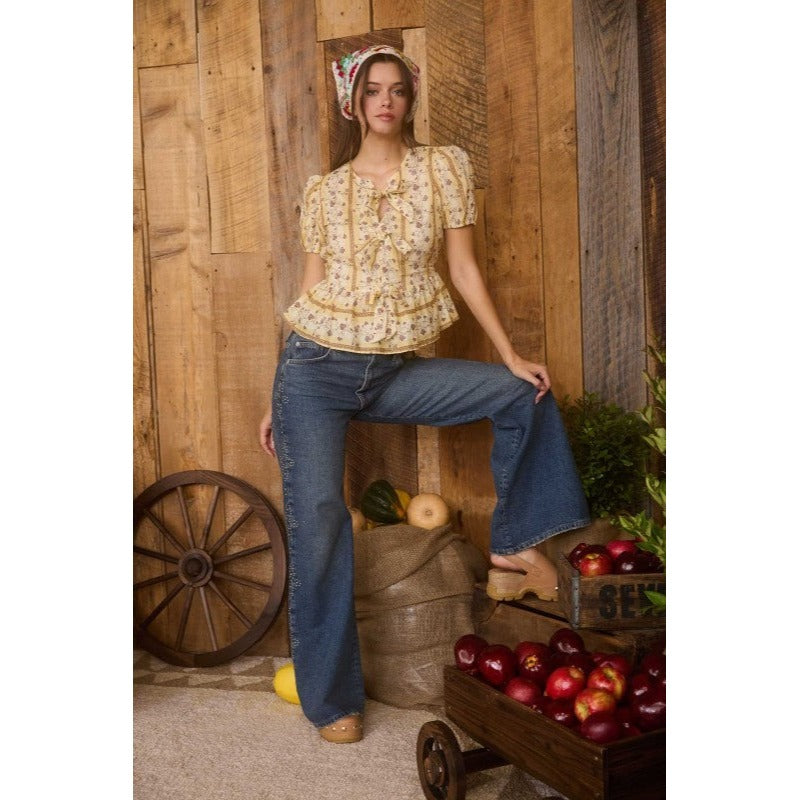 Blu Pepper Floral Stripe Pattern Front Tie Puff Sleeve Blouse B5ST1078