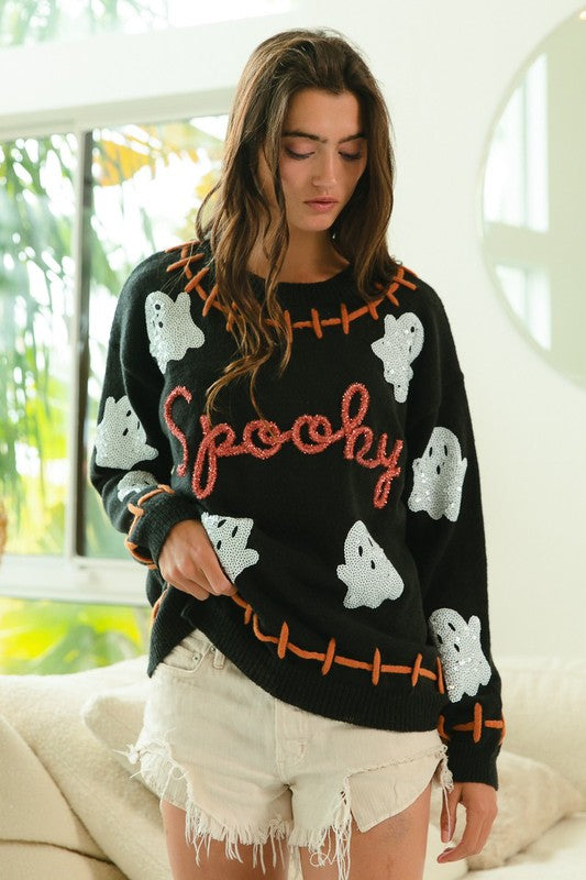Bibi Stitch Detail Sequin Ghost Spooky Sweater IT1859G-07