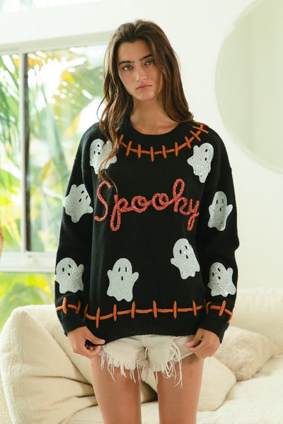 Bibi Stitch Detail Sequin Ghost Spooky Sweater IT1859G-07
