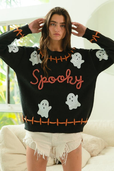 Bibi Stitch Detail Sequin Ghost Spooky Sweater IT1859G-07