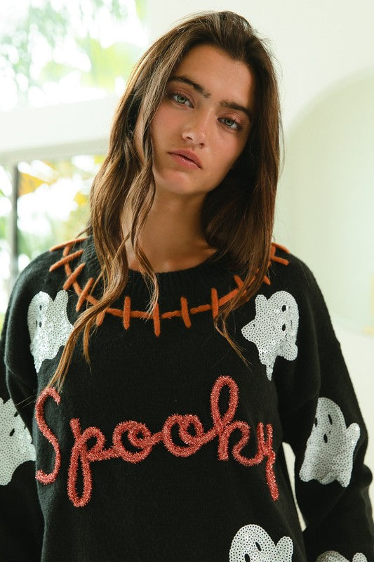Bibi Stitch Detail Sequin Ghost Spooky Sweater IT1859G-07