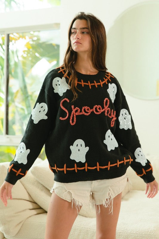 Bibi Stitch Detail Sequin Ghost Spooky Sweater IT1859G-07