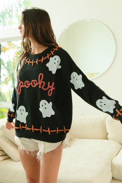 Bibi Stitch Detail Sequin Ghost Spooky Sweater IT1859G-07