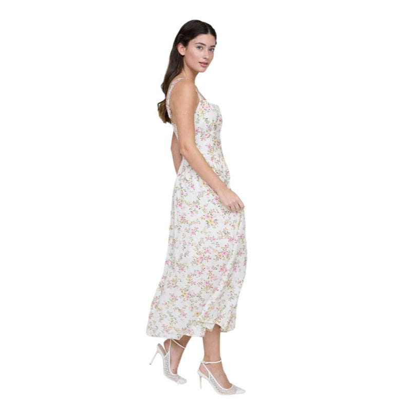 Blu Pepper Floral Lace Trim Corset Sleeveless Midi Dress B6SD1043 Cream / Large