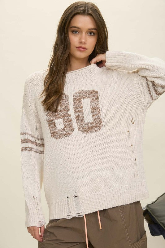 J.O.A. Distressed Long Sleeve Varsity Knit Top J5ST1005