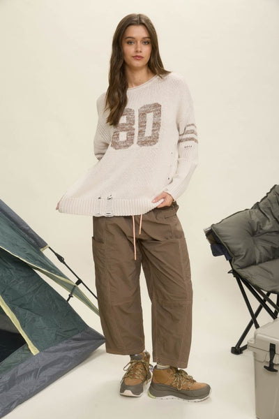 J.O.A. Distressed Long Sleeve Varsity Knit Top J5ST1005