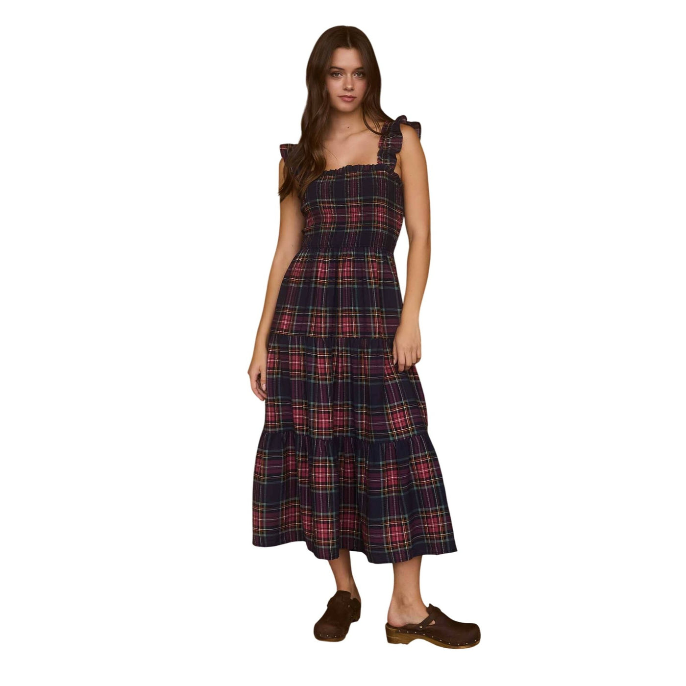 Blu Pepper Plaid Smocked Tiered Midi Dress CR2651 Blue / Small