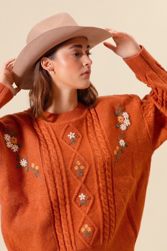 SO ME Embroidered Flower Cable Knitted Sweater Top JT1455