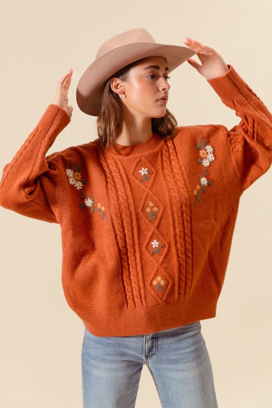 SO ME Embroidered Flower Cable Knitted Sweater Top JT1455