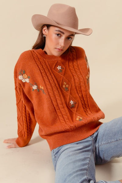 SO ME Embroidered Flower Cable Knitted Sweater Top JT1455