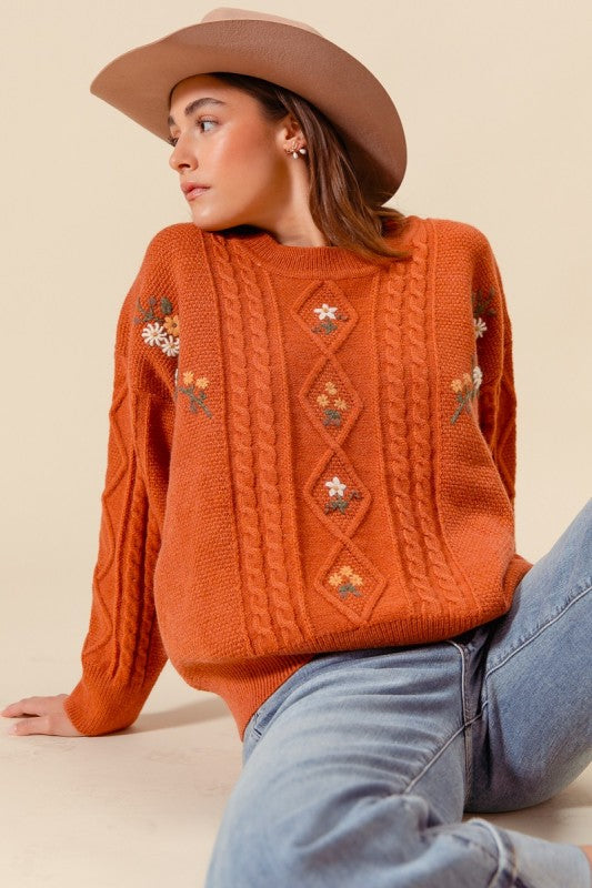 SO ME Embroidered Flower Cable Knitted Sweater Top JT1455