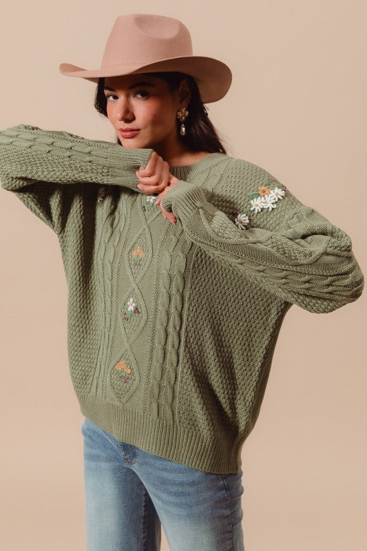 SO ME Embroidered Flower Cable Knitted Sweater Top JT1455