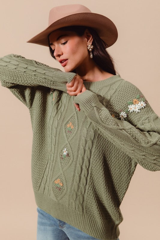 SO ME Embroidered Flower Cable Knitted Sweater Top JT1455