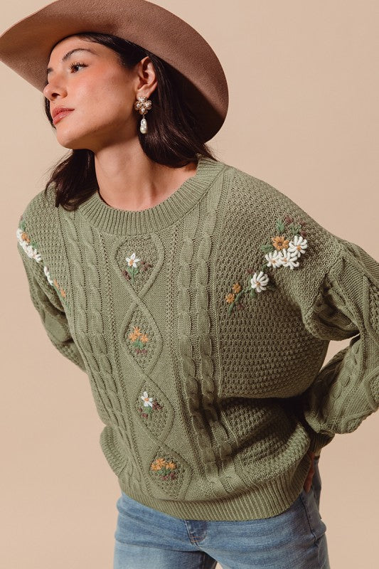 SO ME Embroidered Flower Cable Knitted Sweater Top JT1455