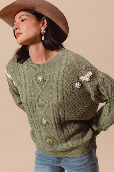 SO ME Embroidered Flower Cable Knitted Sweater Top JT1455