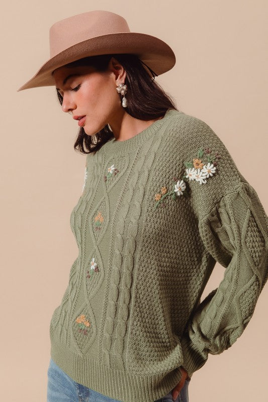 SO ME Embroidered Flower Cable Knitted Sweater Top JT1455