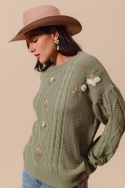 SO ME Embroidered Flower Cable Knitted Sweater Top JT1455