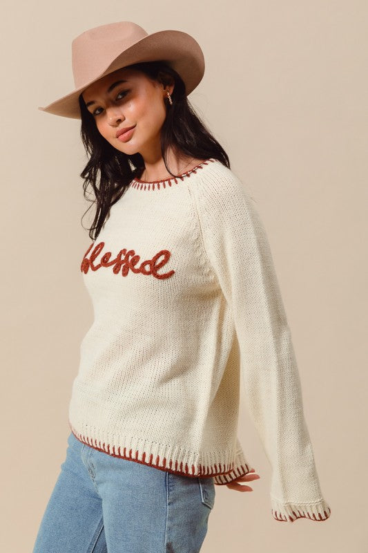 So Me Blessed Thanksgiving Lettering Sweater Top JT1527-02