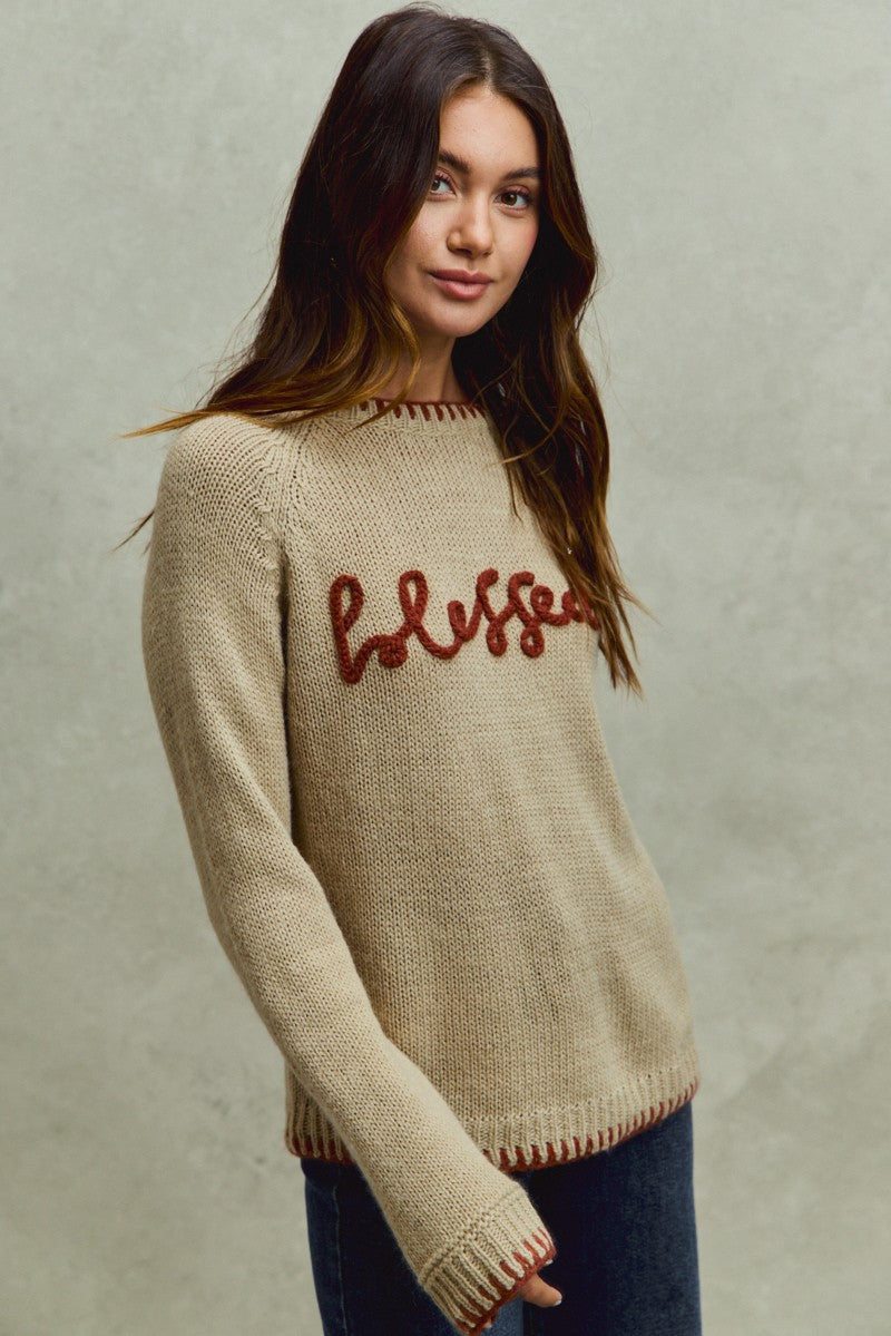 So Me Blessed Thanksgiving Lettering Sweater Top JT1527-02