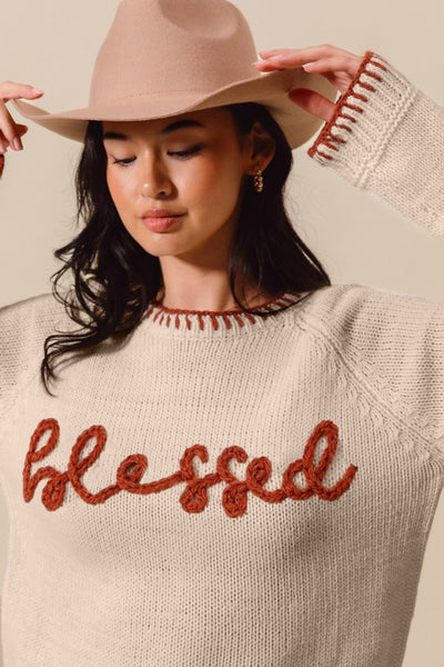 So Me Blessed Thanksgiving Lettering Sweater Top JT1527-02