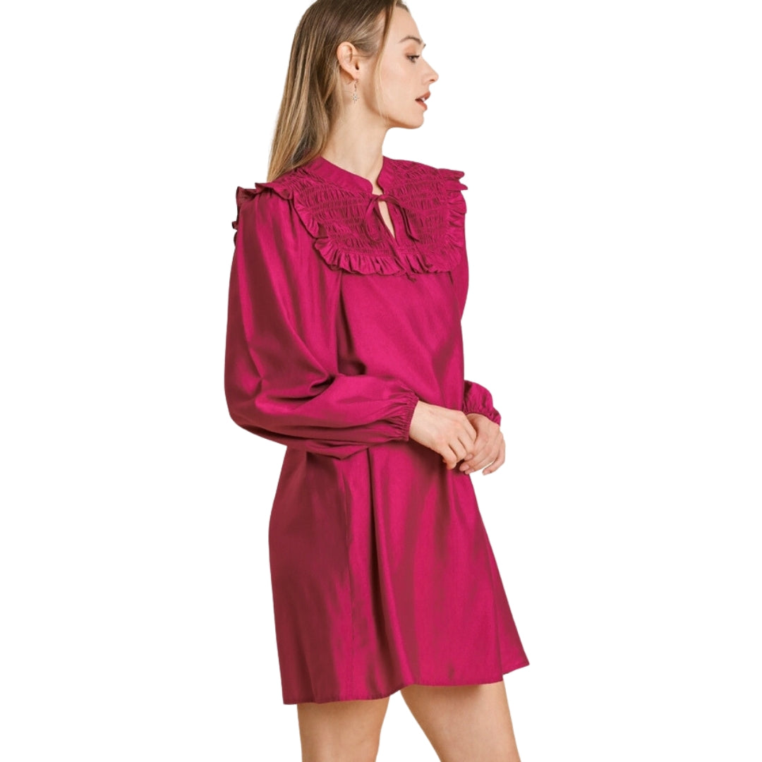UMGEE Pink Long Sleeve Smocked Tie Front Dress K5382