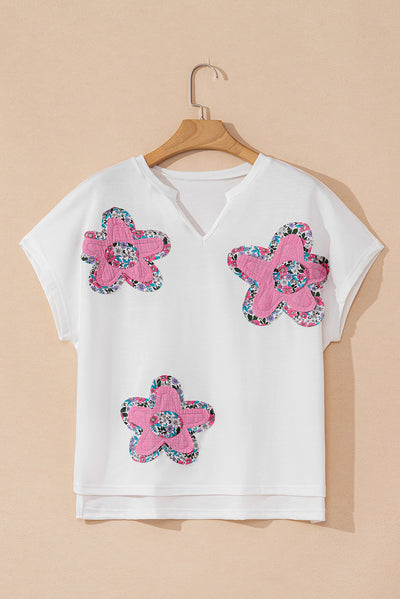 Floral Applique Notched V Neck Dolman Sleeve Top FW25226714-P1