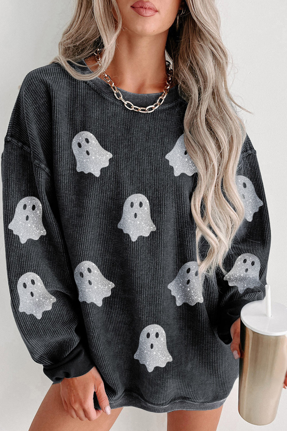 Black Corded Ghost Loose Fit Sweatshirt for Halloween LC25318422