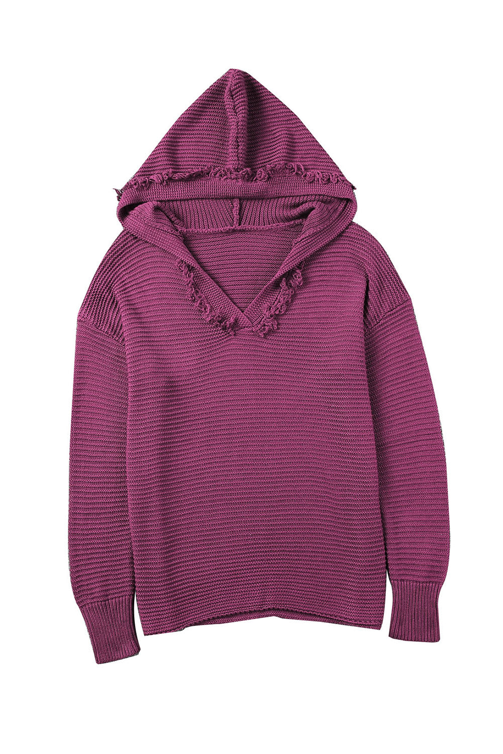 Purple Distressed V-Neck Ribbed Drop Shoulder Hooded Sweater LC2722612-3