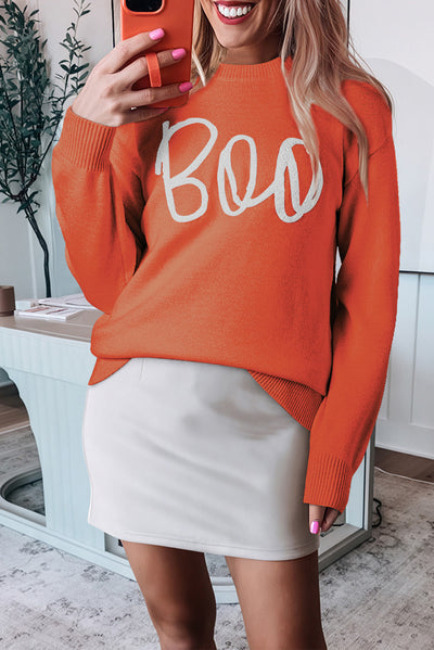 Orange Boo Pattern Drop Shoulder Sweater LC2725569