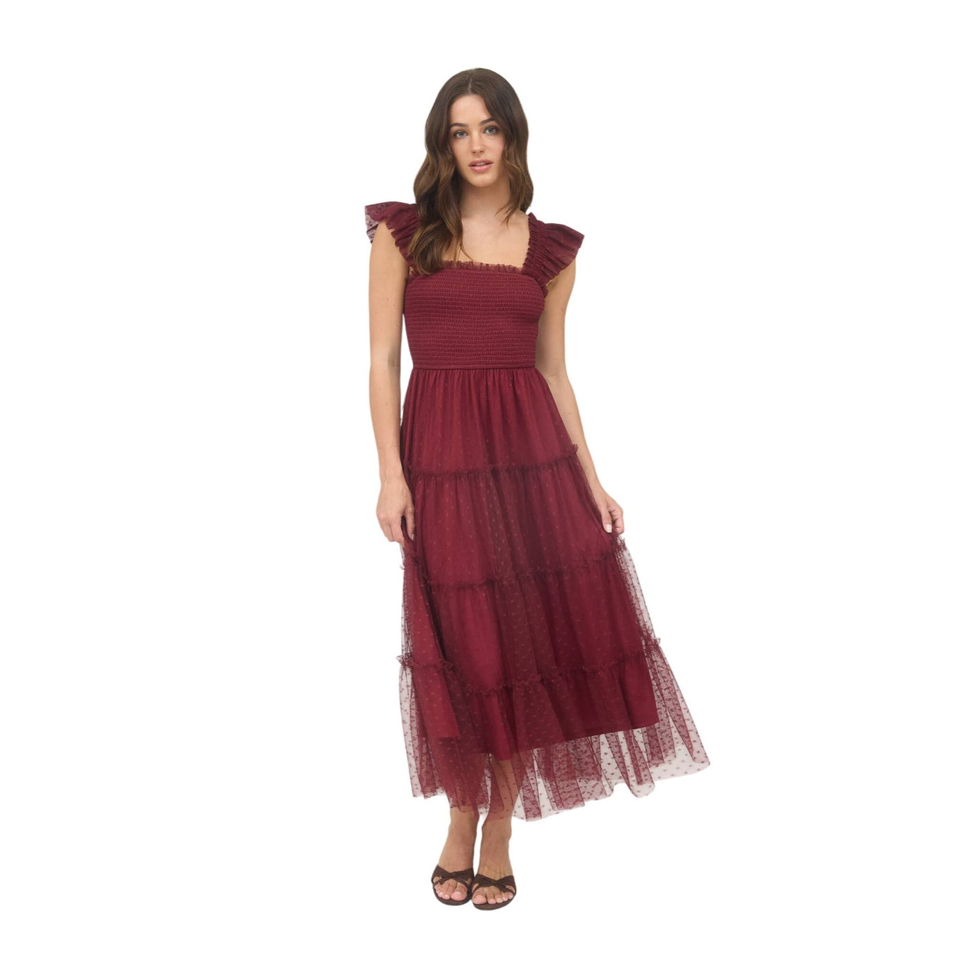 Blu Pepper Polka Dot Chiffon Smocked Tiered Midi Dress CR2488 Burgundy / Medium Blu Pepper Polka Dot Chiffon Smocked Tiered Midi Dress CR2488 Burgundy / Medium