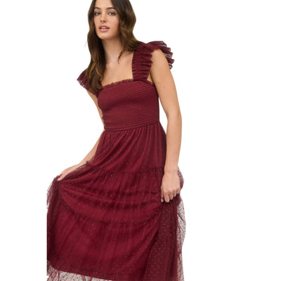 Blu Pepper Polka Dot Chiffon Smocked Tiered Midi Dress CR2488